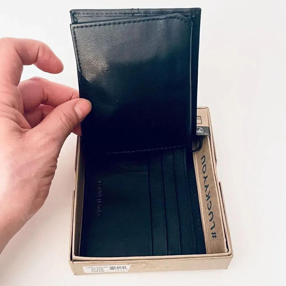 NWT Gorgeous lucky brand Men black bifold genuine leather RFID Wallet w/Gift Box